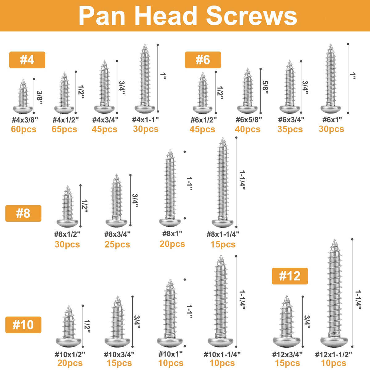 VIGRUE 510Pcs Stainless Steel Wood Screws Assortment Kit, #4#6#8#10#12 Phillips Pan Head Sheet Metal Screws Self Tapping Screws Set,Length 3/8" to 1-1/2"