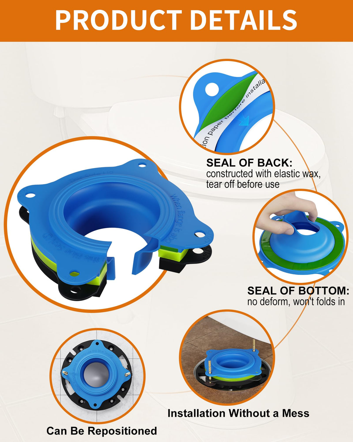Elastic Wax Ring Toilet Flange Repair Kit for 3" & 4" Pipes, Universal Fit