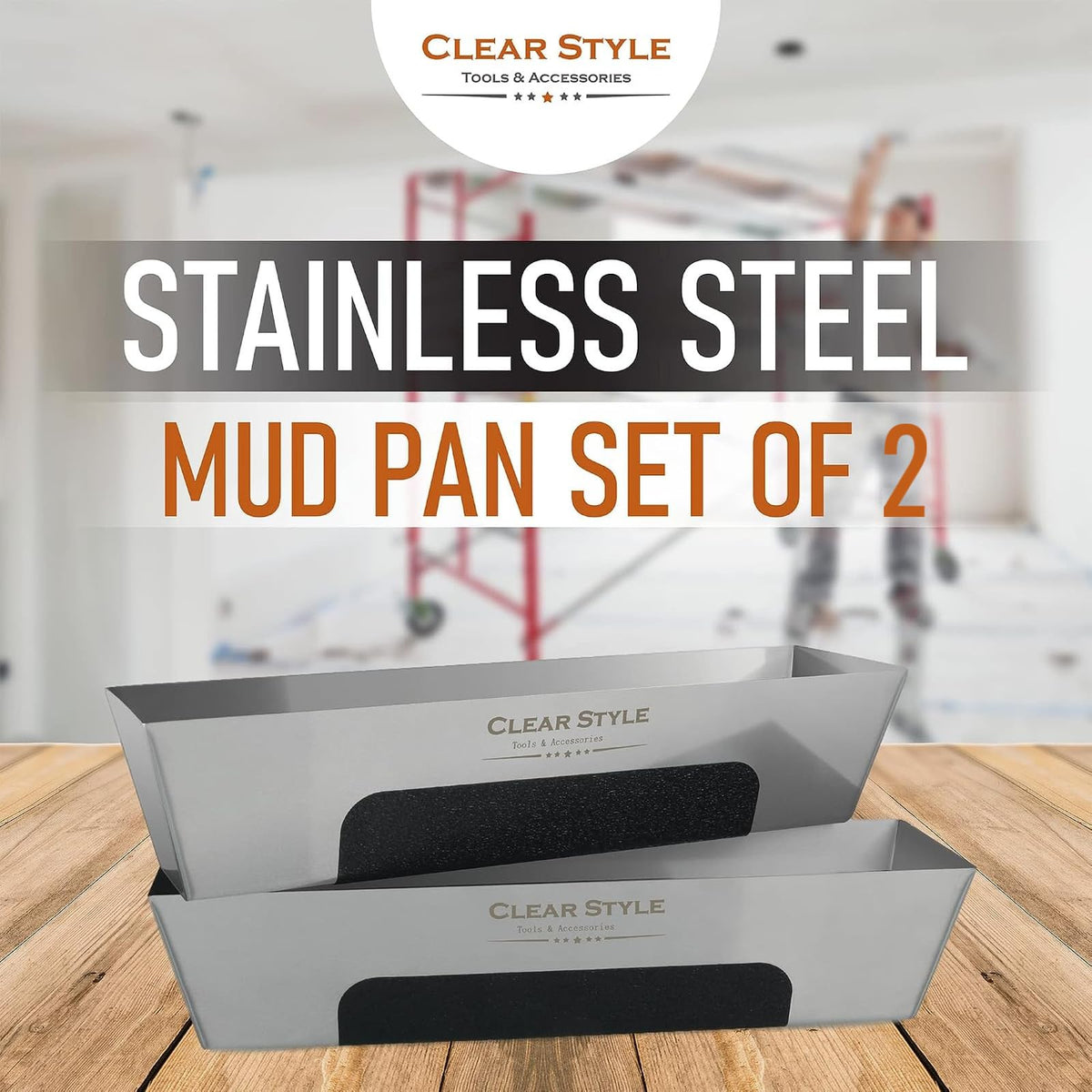 CLEAR STYLE 14 Inch Drywall Mud Pan 2 Pack, Stainless Steel Taping Pans with TPR Anti-Slip Grip, Rust-Resistant Mud Trays for Joint Compound, Plaster, Tile and Grout