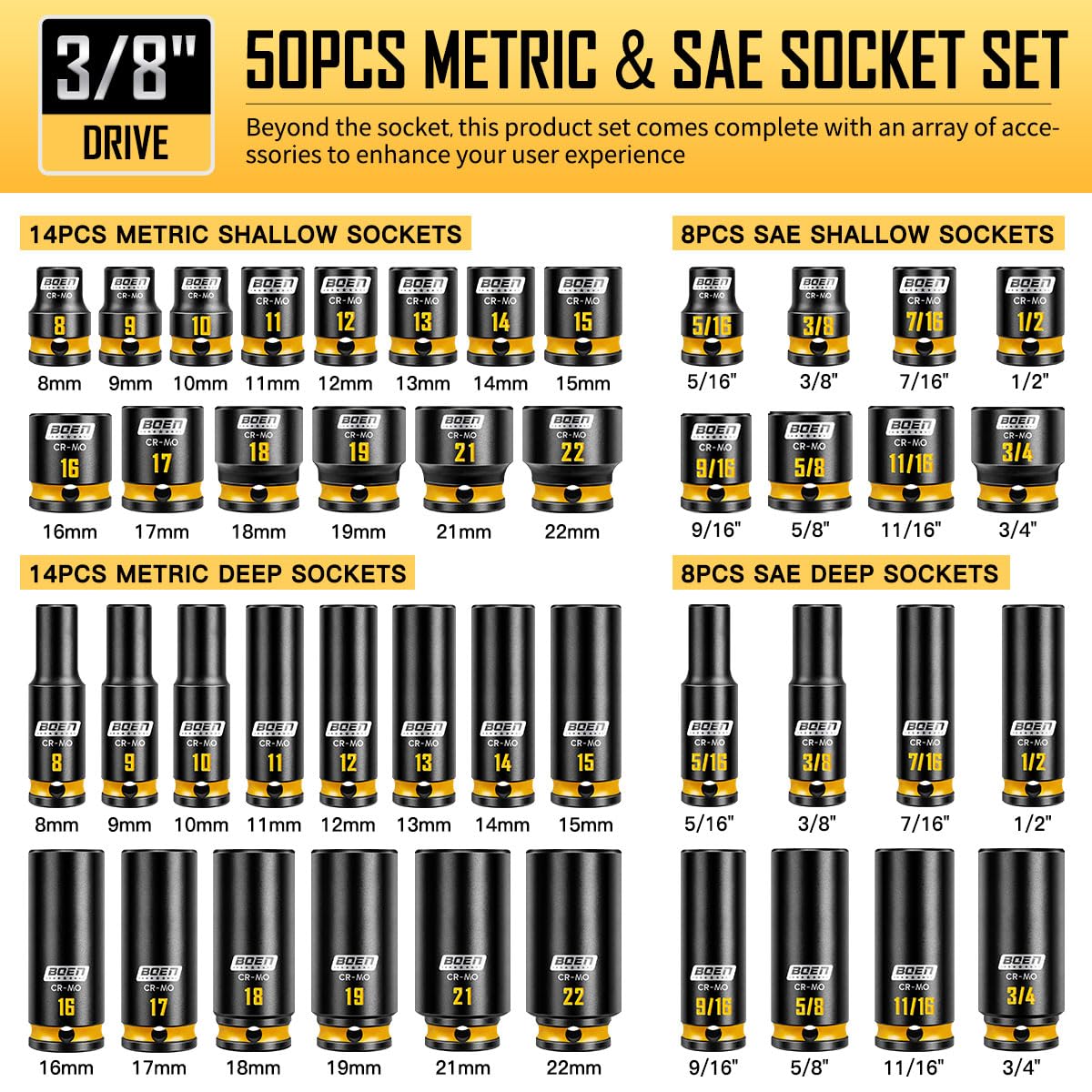 boen 3/8'' Drive Impact Socket Set, 50PCS Standard SAE (5/16 to 3/4 inch) and Metric (8mm-22mm), Deep & Shallow Size, 6-Point with Yellow Embossed Marking, CR-MO