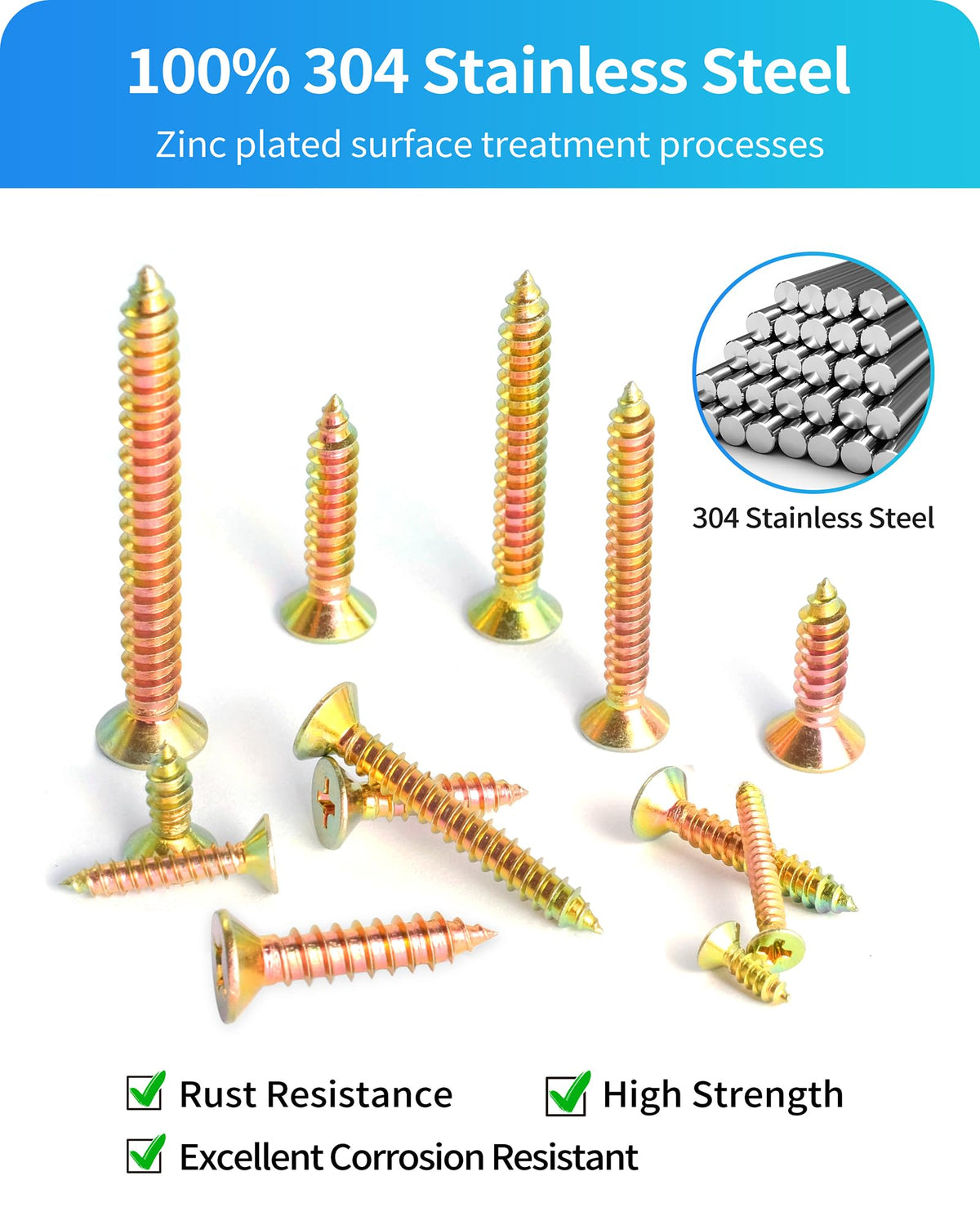 DIVANC 600Pcs Stainless Steel Zinc Plated Wood Screws Assortment Kit, #4#6#8#10#12 Phillips Flat Head Sheet Metal Screws Self Tapping Screws Set,Length 3/8" to 2" (Gold-Flat Head)