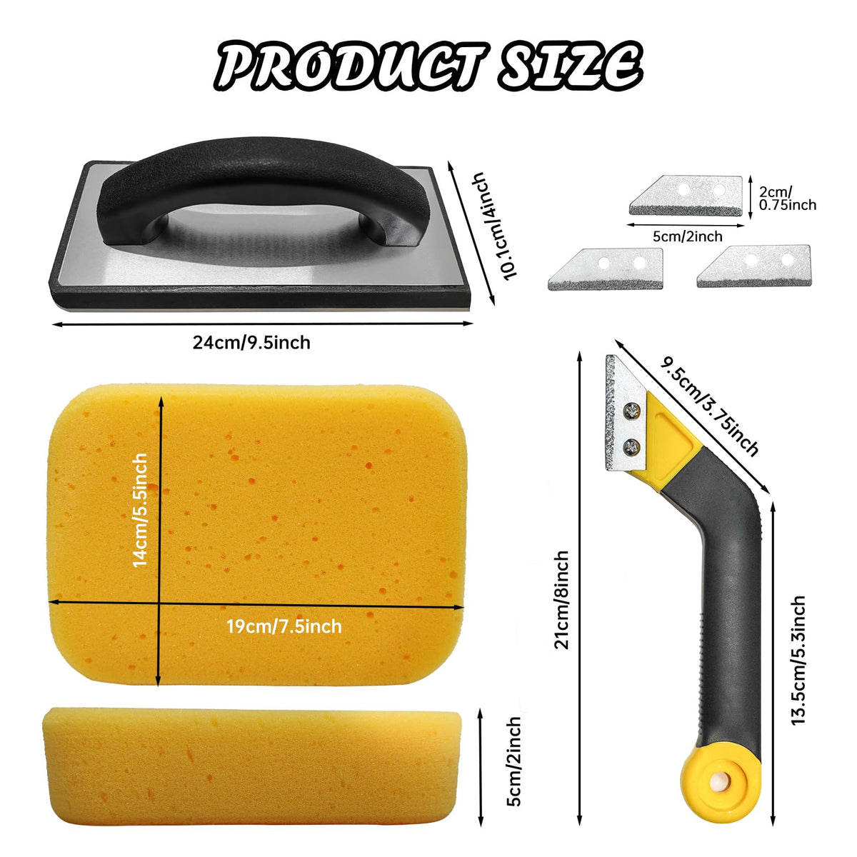 8 Pcs Grout Float Sets Include 9.5 x 4 Inch Molded Rubber Grout Float, 6 Sponge, Angled Tile Saw with 3 Blades Replacement, Removal Tool for Masonry Stucco Drywall Concrete(Yellow)
