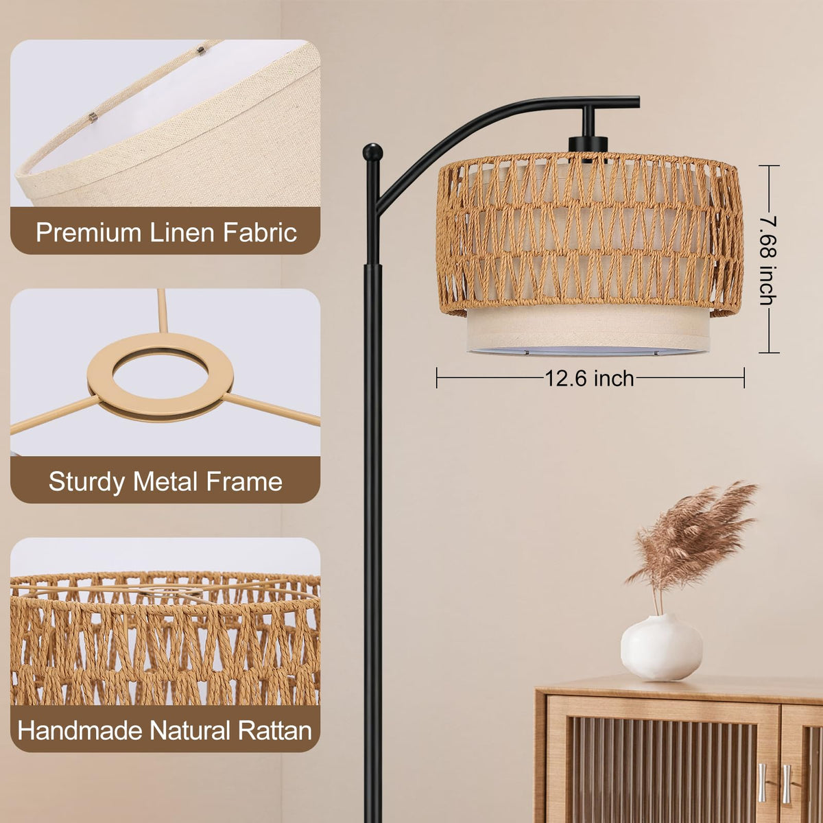 Boho Rattan Lamp Shade, 12.6" Top x 12.6" Bottom x 7.68" High, Natural Rattan & Linen Double Layer Lamp Shades for Floor Lamps Table Lamps Chandelier, UNO Fitter Lampshade Replacement, Easy Assembly