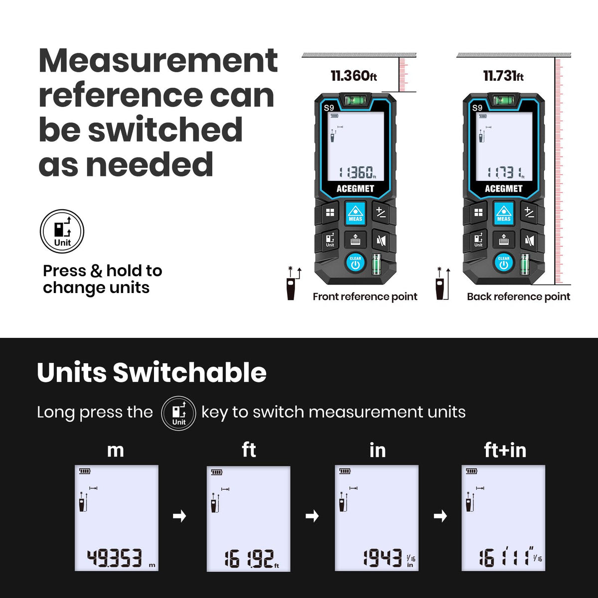 ACEGMET S9 229ft/70m Laser Measuring Tool, LCD Backlit Display