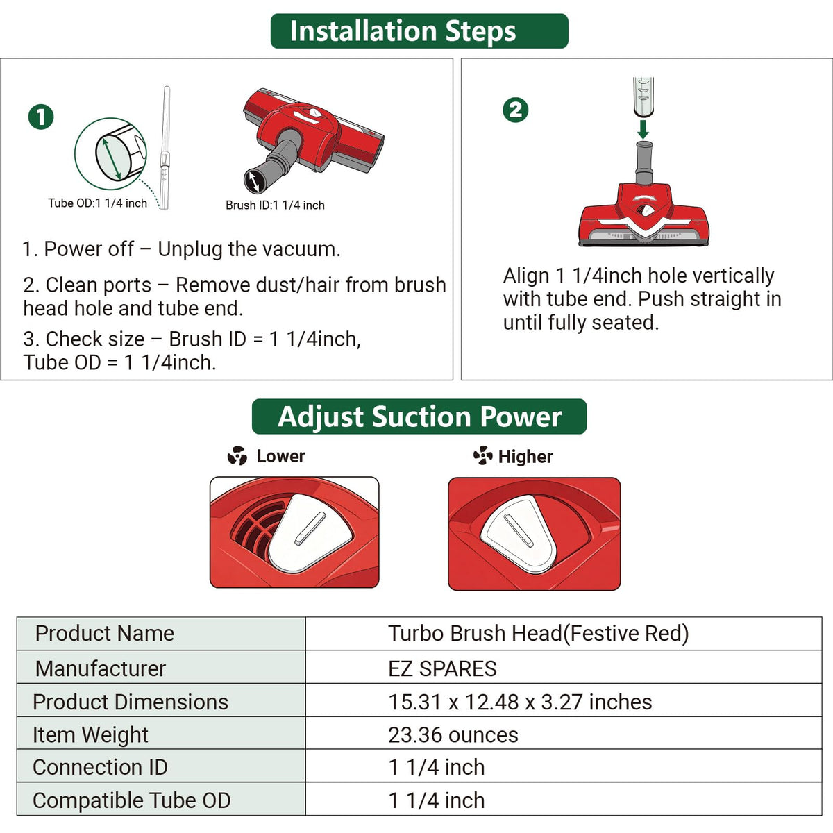 EZ SPARES Replacement Turbo Brush Head,Universal Vacuum Cleaner Brush, 1 1/4,1 3/8 Inch,Compatible with Most Vacuum Brands,Hoover Eureka Royal, Rainbow Shop Vac,As Christmas New Year Gift(Festive Red)