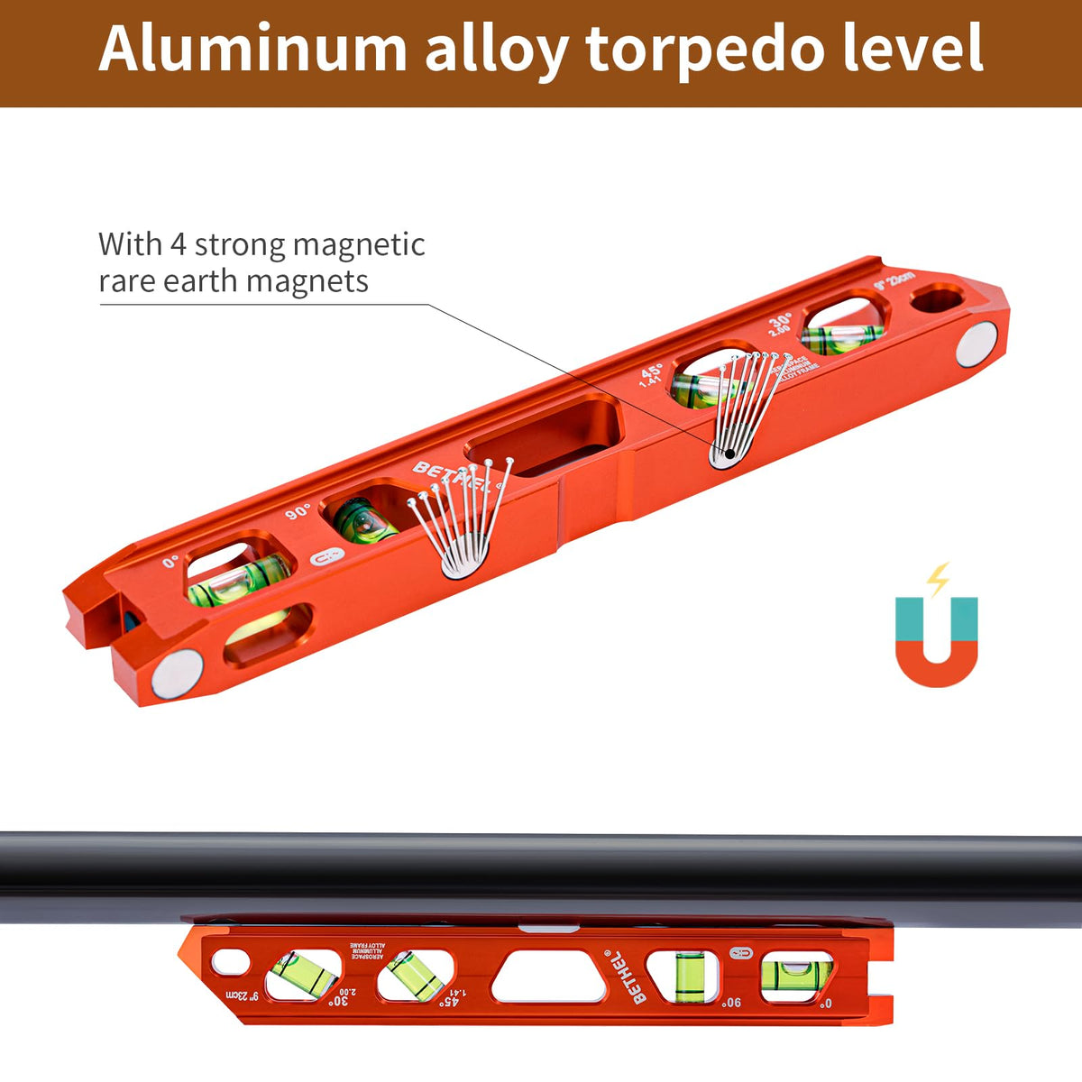 BETHEL 9 Inch Magnetic Torpedo Level with 4 Bubble Vials, V-Groove & Magnetic Rails, Black Aluminum Alloy Construction