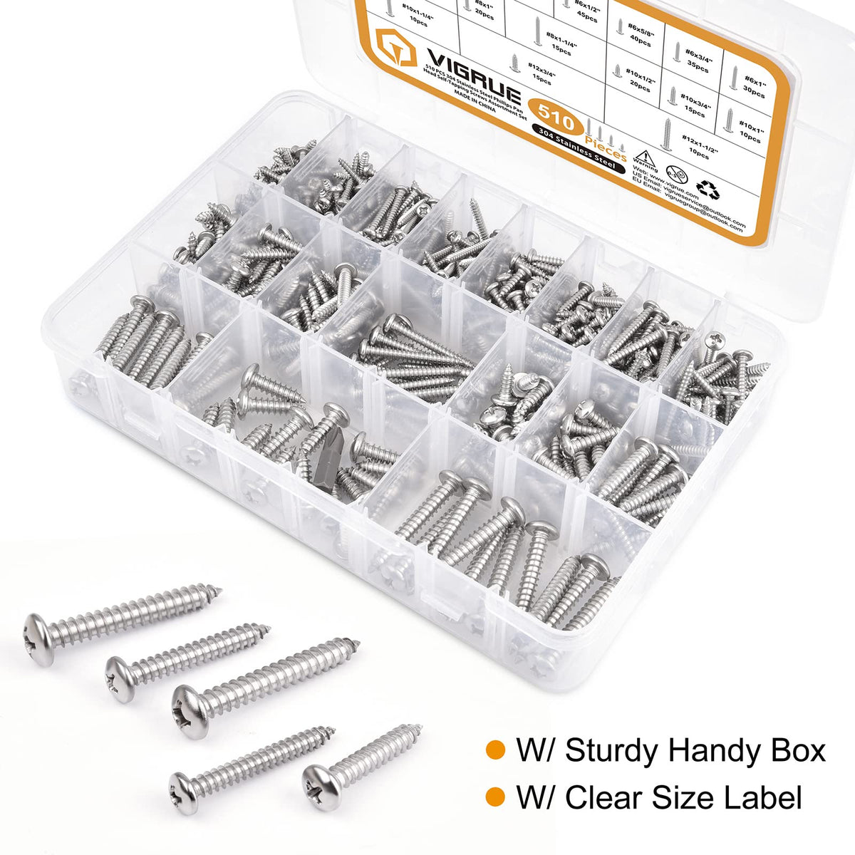 VIGRUE 510Pcs Stainless Steel Wood Screws Assortment Kit, #4#6#8#10#12 Phillips Pan Head Sheet Metal Screws Self Tapping Screws Set,Length 3/8" to 1-1/2"