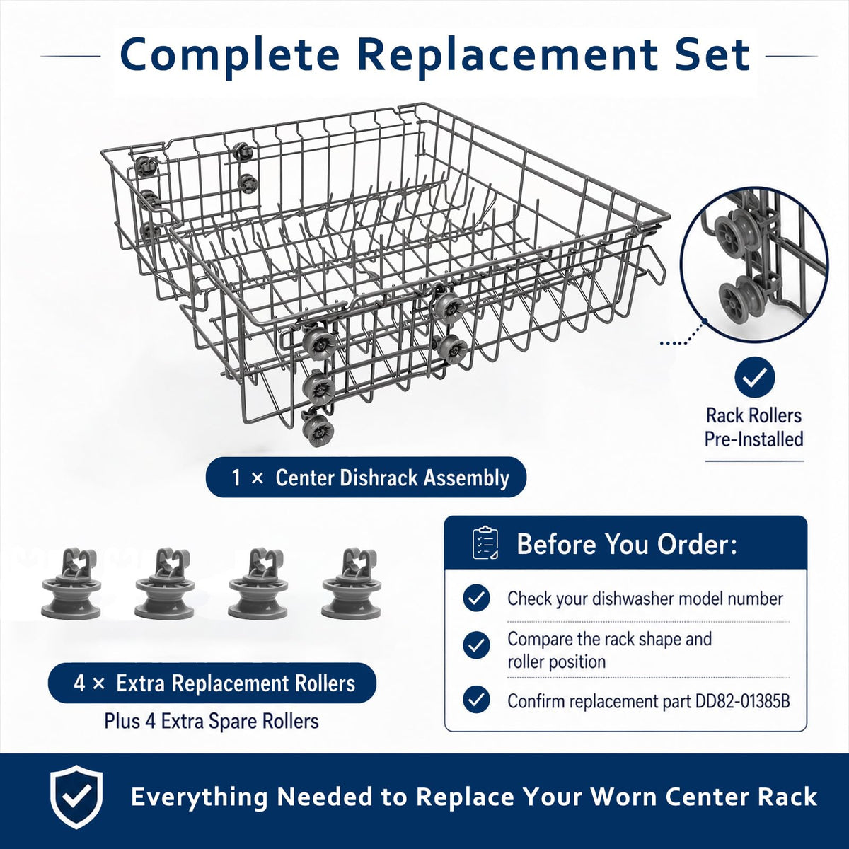 DD82-01385B A/S Dishwasher Rack Assembly Compatible with Samsung Dishwasher Rack Replace Number 4978666 AP6807483 Center Dishrack Fit Samsung DW80R2031US DW80N3030US DW80CG4021SR
