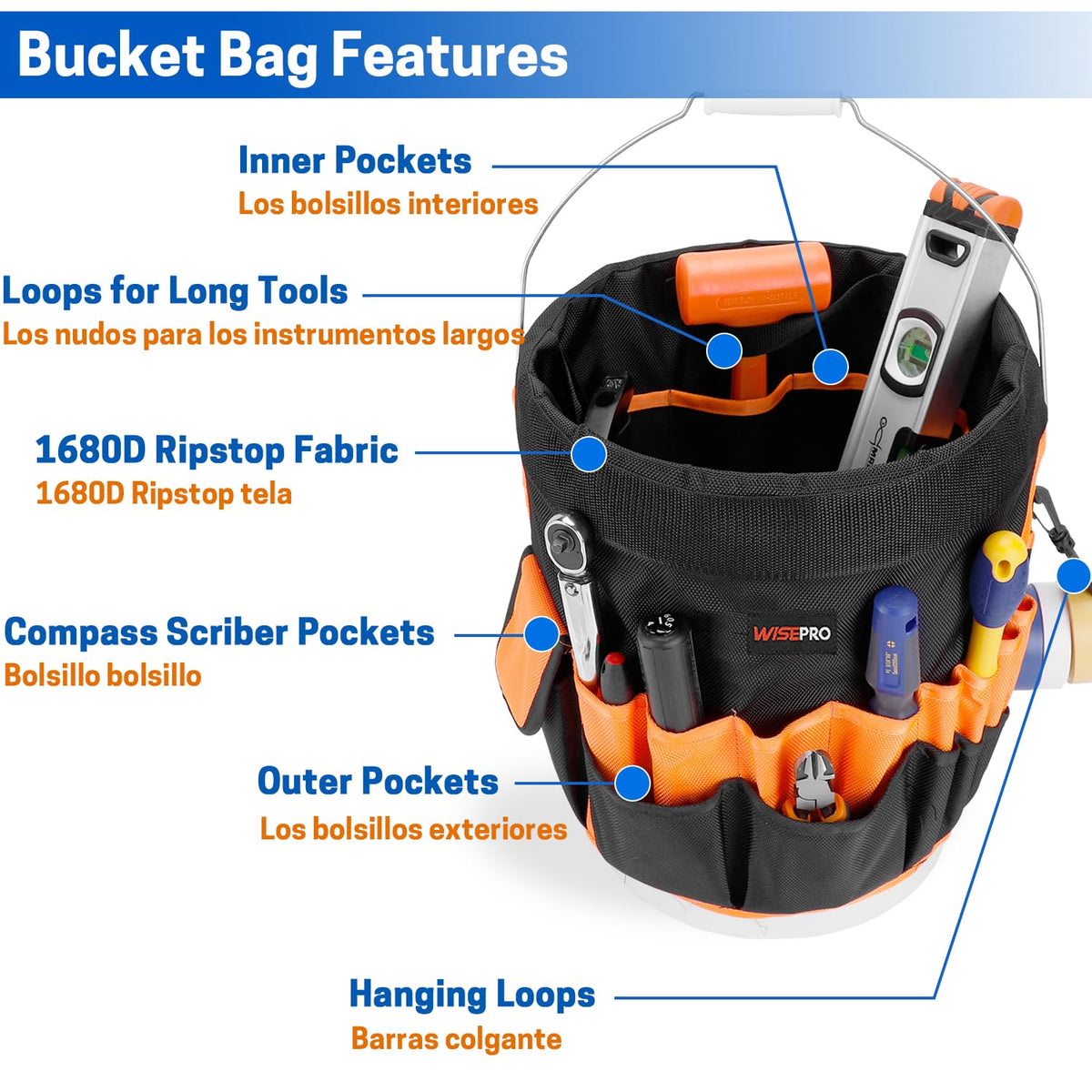 WISEPRO Bucket Tool Organizer with 30 Pockets Fits for 5 Gallon Bucket