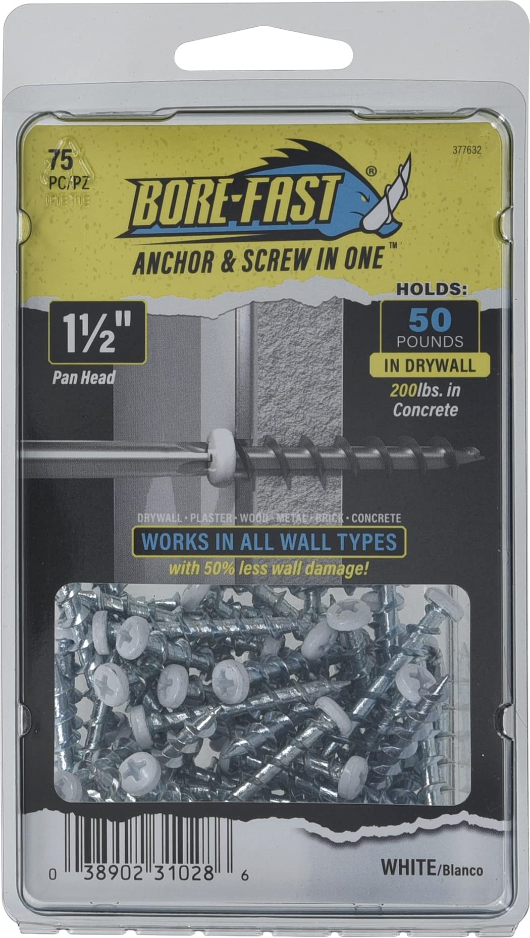Hillman Borefast Drywall Anchors, 1-1/2in Pan Head, 75 Pack, White