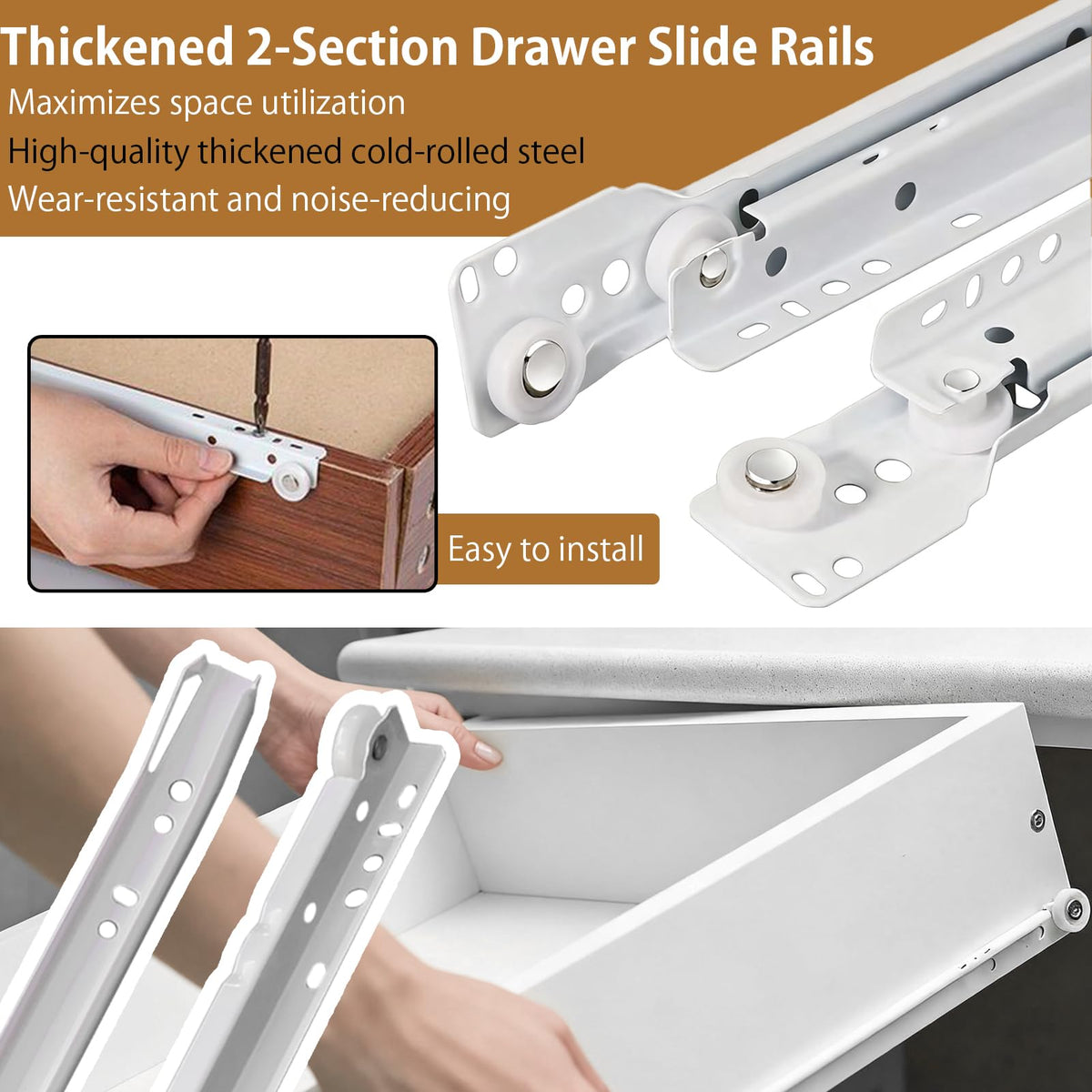 Hodyludy 22 Inch Soft Close Drawer Slides, 1 Pair Heavy Duty Side/Bottom Mount Drawer Glides for Cabinet, Dresser Drawers Replacement, White