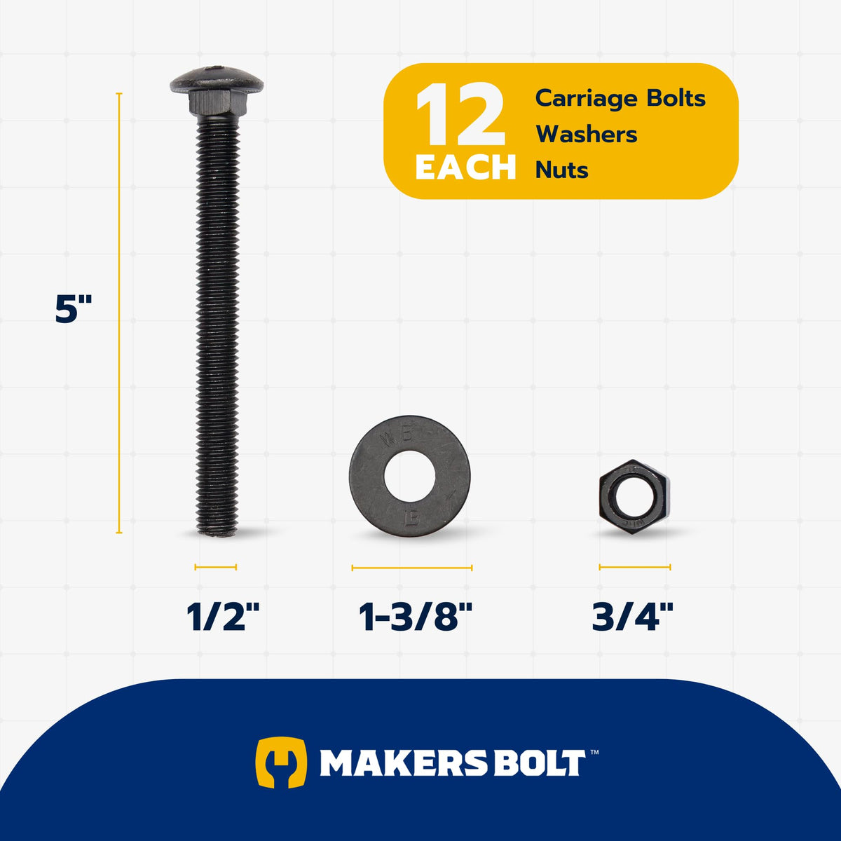 1/2 in. x 5 in. Black Carriage Bolt Kit Includes 12 Bolts, 12 Washers, and 12 Nuts, Ceramic Black Ruspert Coated for Exterior Use - 2X Rust Resistance of Galvanized by Makers Bolt
