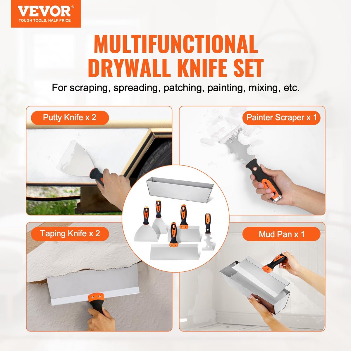 VEVOR Drywall Knife Set, 6 PCS Drywall Tools, Stainless Steel Spackle Tool