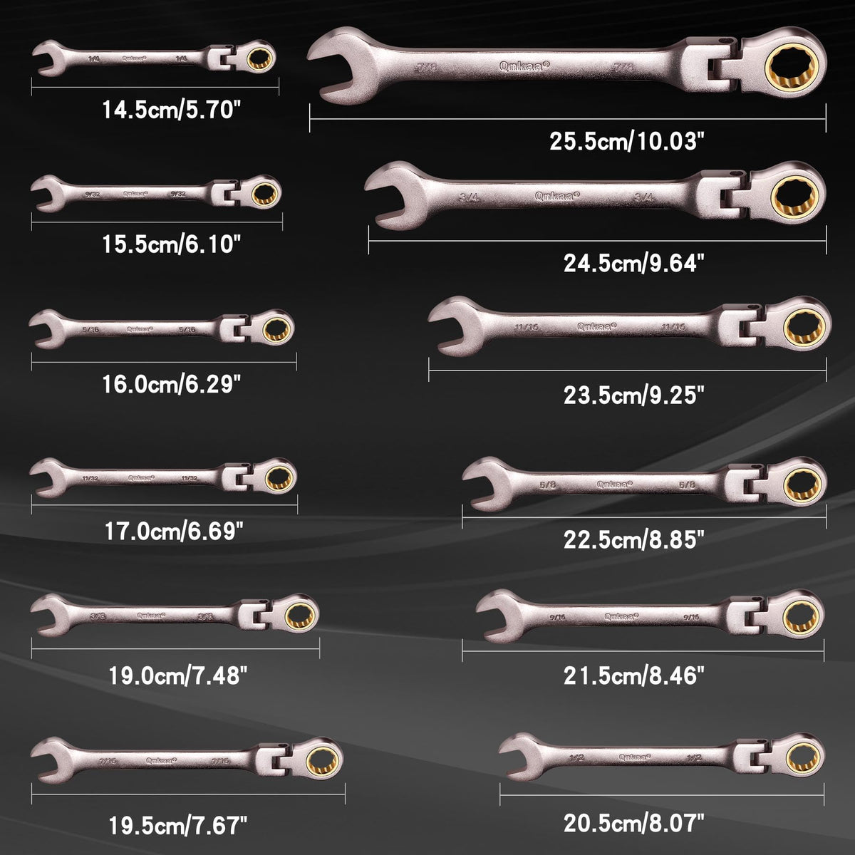Qnkaa Flexible Ratcheting Wrench Set 24pcs Metric 8-19mm & SAE 1/4” to 7/8“