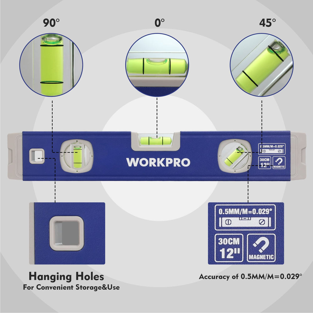 WORKPRO 3-Piece Spirit Level Set (12", 20", 40") with 12" Magnetic Torpedo Level, 45°/90°/180° Bubbles Measuring, Open Top View Design, Aluminum Alloy Levels with Carrying Bag