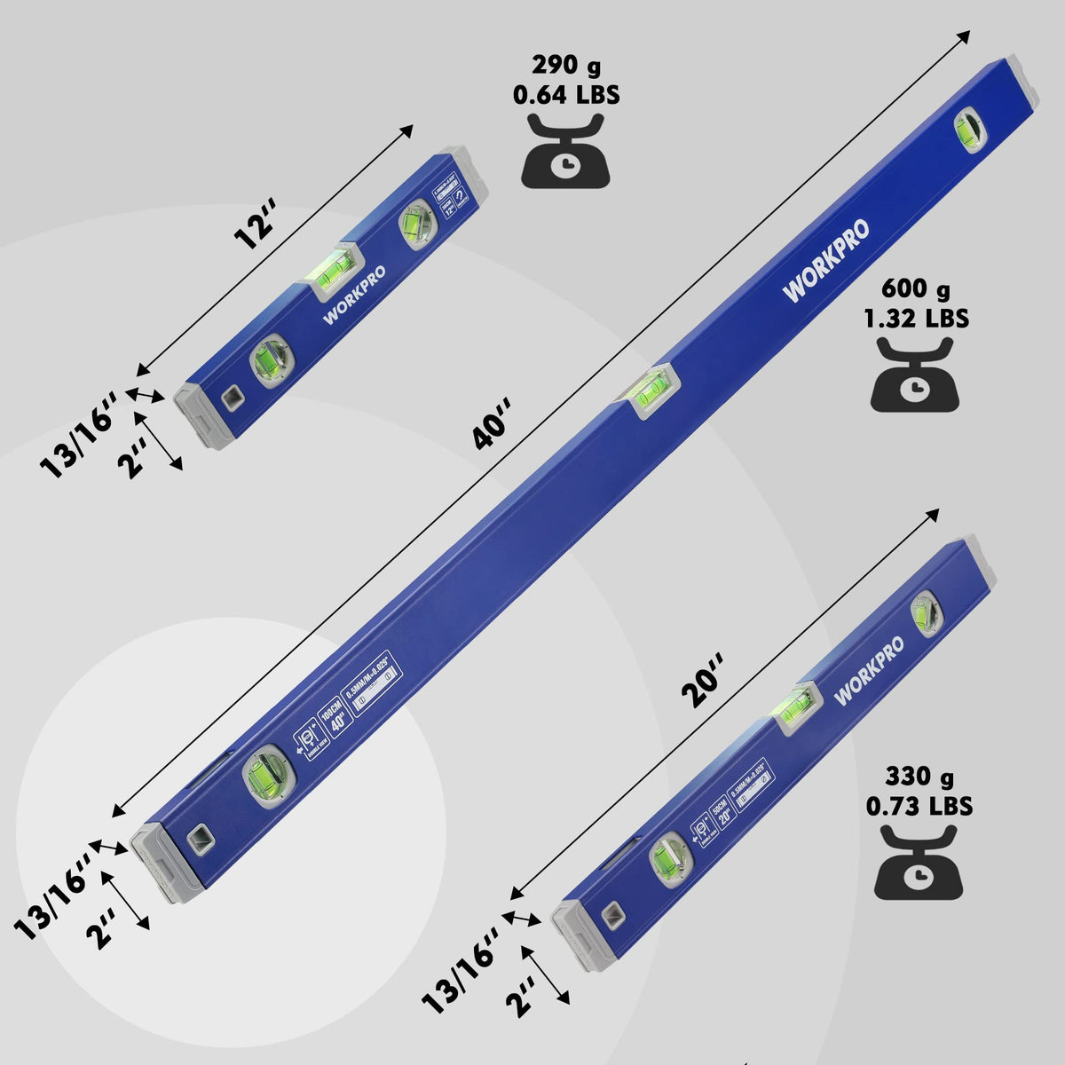 WORKPRO 3-Piece Spirit Level Set (12", 20", 40") with 12" Magnetic Torpedo Level, 45°/90°/180° Bubbles Measuring, Open Top View Design, Aluminum Alloy Levels with Carrying Bag