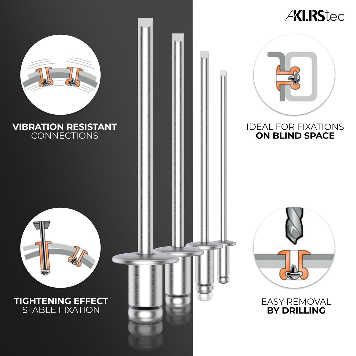 KLRStec Pop Rivets Assortment Kit, 500pcs Aluminum Blind Rivets, 4 Sizes