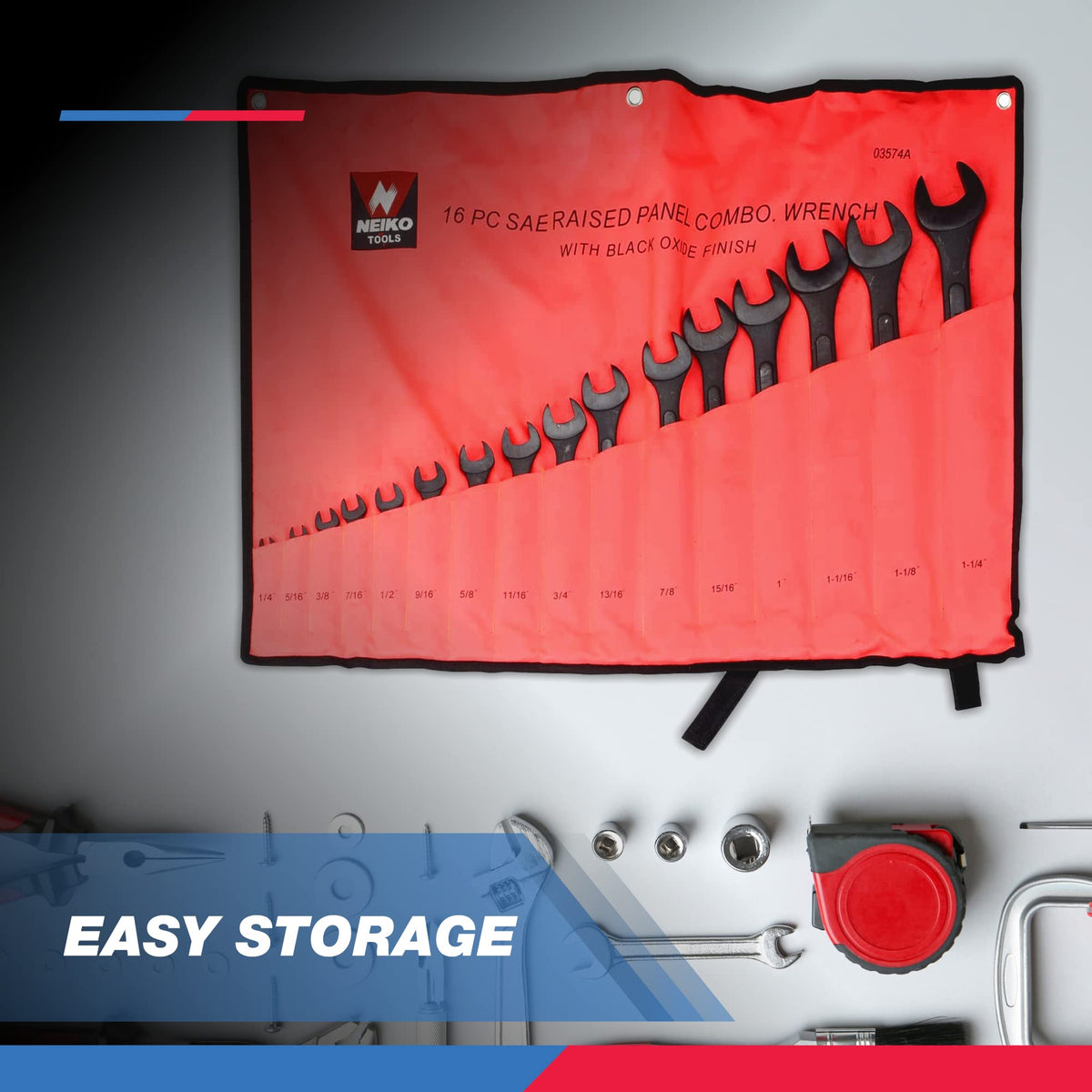 Neiko 03574A Jumbo Combination Wrench Set, 16 Piece, SAE, 1/4” to 1-1/4”, Raised Panel Construction