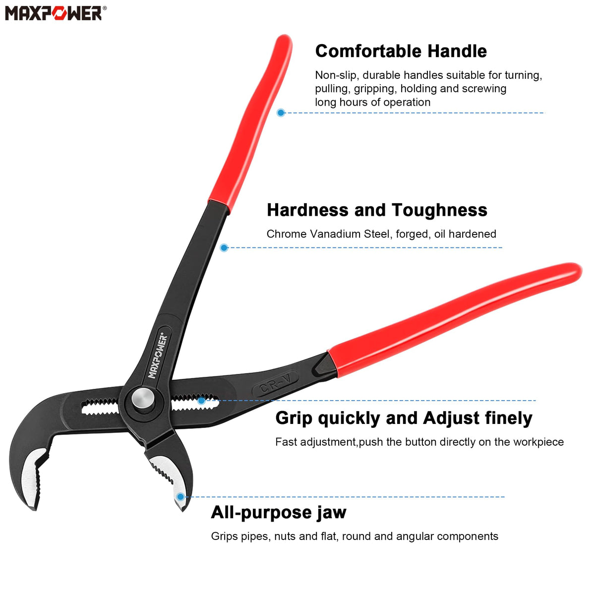 MAXPOWER 7" 10" 16" Water Pump Pliers Set, Push Button V Jaw, Quick Release