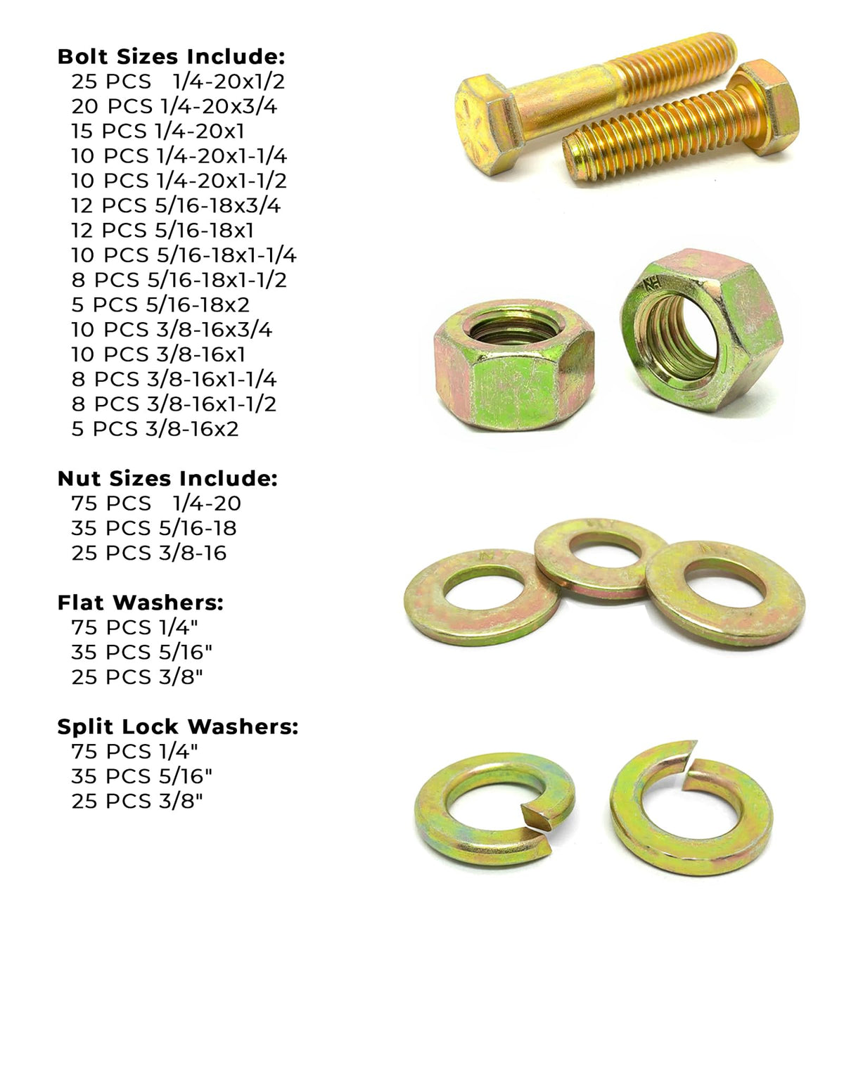 Grade 8 Hex Cap Bolts Screws, Nuts, Washers, Lock Washers Assortment Kit - 574 Pieces!