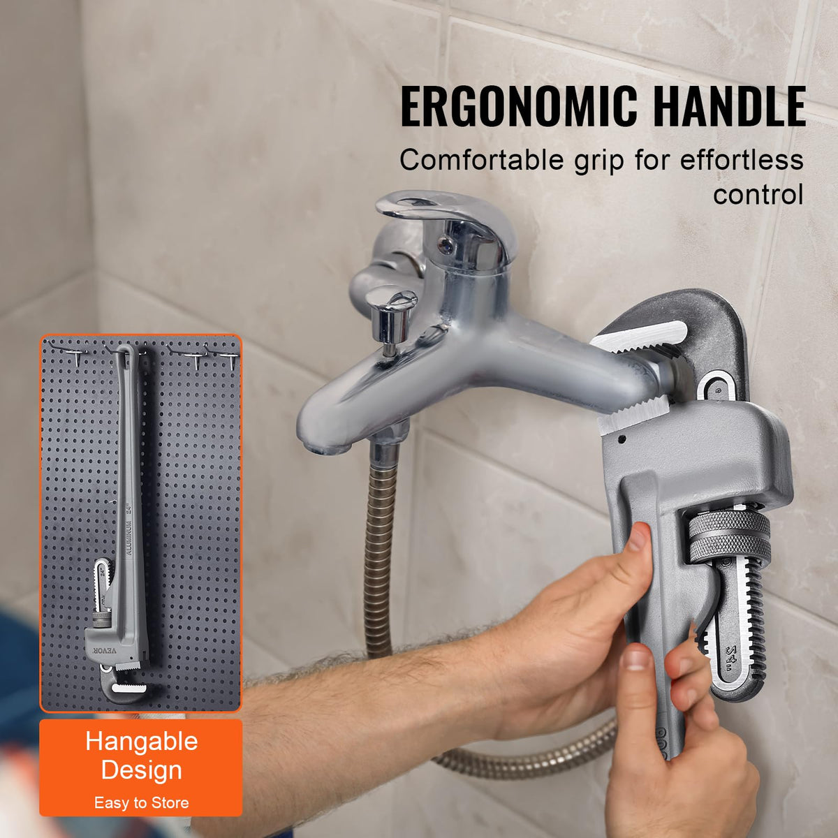 VEVOR Pipe Wrench, 24" Aluminum Straight Pipe Wrench, Adjustable Plumbing Wrench, with High Strength Jaw and Ergonomic Handle, Easy to Carry, Hangable Design, for Water Pipes, Automotive Repairs