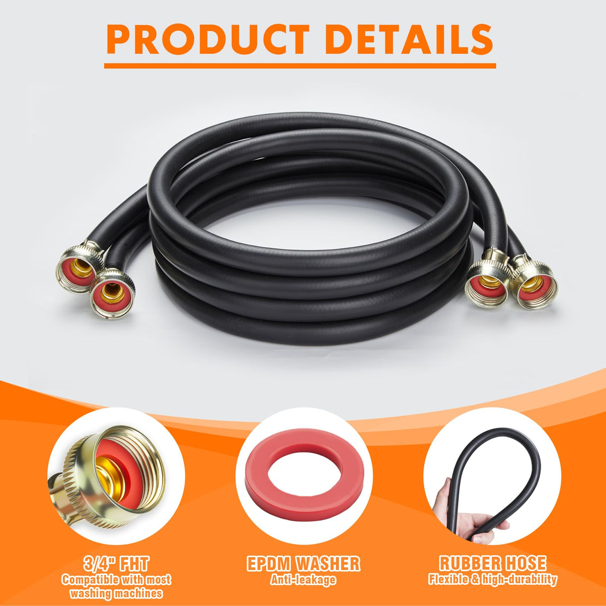 TTFLEX Washing Machine Hoses 6FT Rubber, 3/4" Hot 