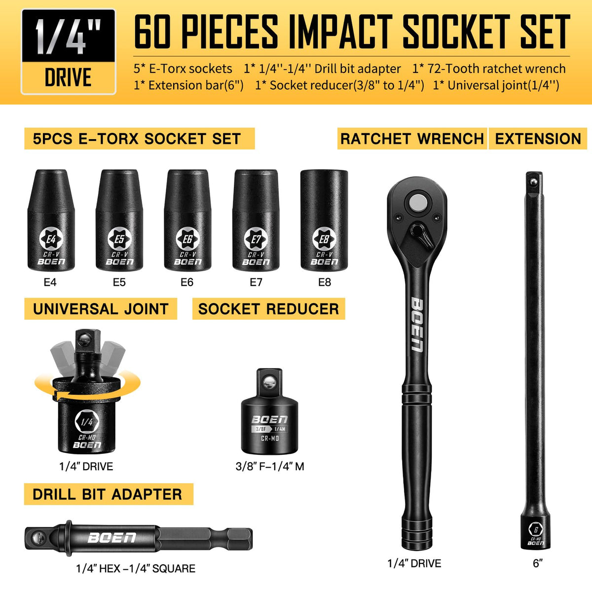 BOEN 1/4" Drive Impact Socket Set, 60-Piece Standard SAE (5/32"-9/16") & Metric (4-15mm), Cr-Mo Deep & Shallow Kit, Includes Ratchet Handle,E-torx sockets, Reducer, Extension Bar, Universal Joint