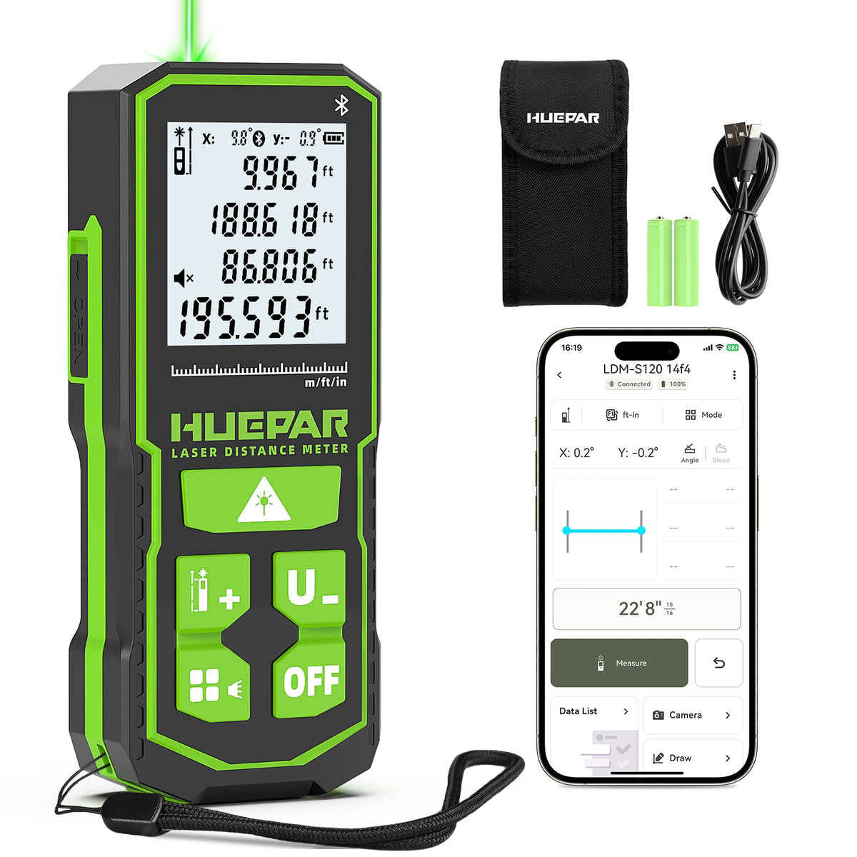 Huepar Bluetooth Green Laser Measuring Tool 200FT, S60-G-BT