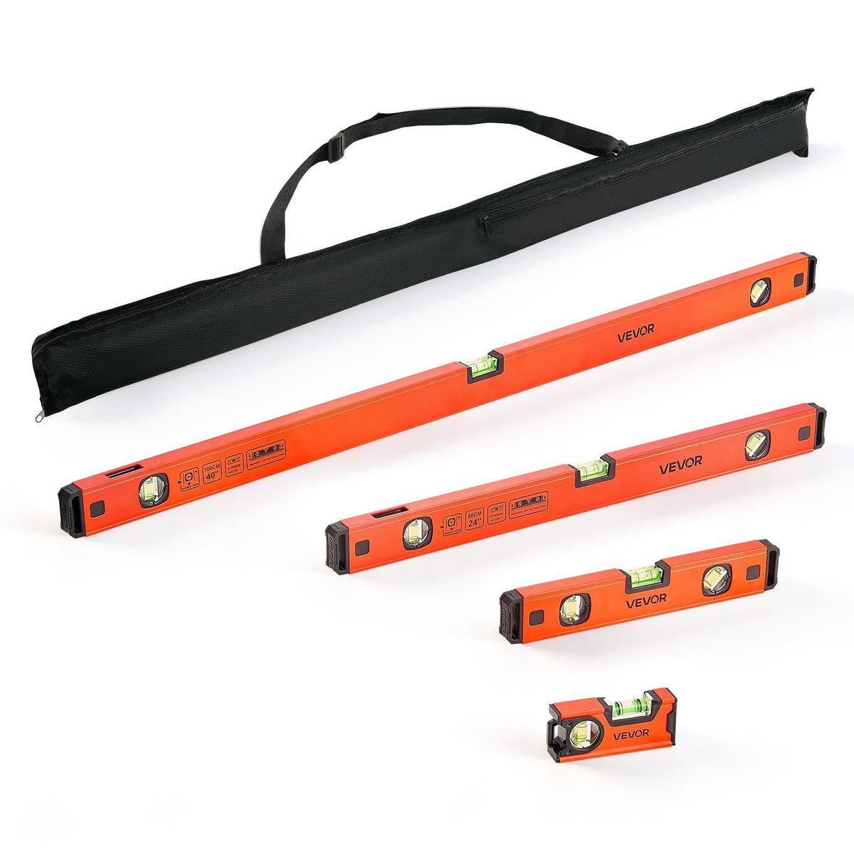 VEVOR Torpedo Level, 4-Piece Included 4/12/24/40 in, Magnetic Leveler Tool Set Aluminum Alloy, with Clear 3 Green Vials, Hanging Hole, Box Beam Multi-angle Measurement for Construction Home Renovation