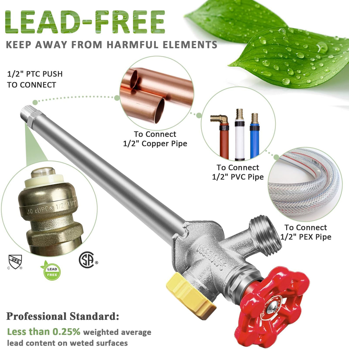 Young dance 12inch Anti-Siphon Frost Free Sillcock, No Lead Brass Frost Proof Outdoor Faucet Bib with Backflow Preventer, 1/2" Push-to-Fit Connector X 3/4 Inch Hose Bibb Frost Free Spigot