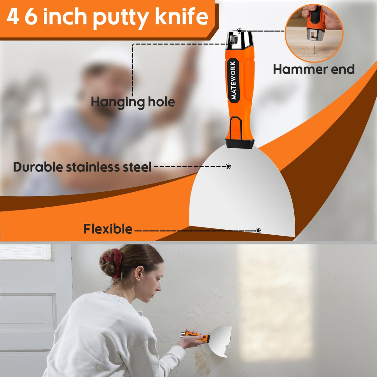 Matework 8Pcs Drywall Tools & Putty Knife Set with Hammer End, Mud Pan