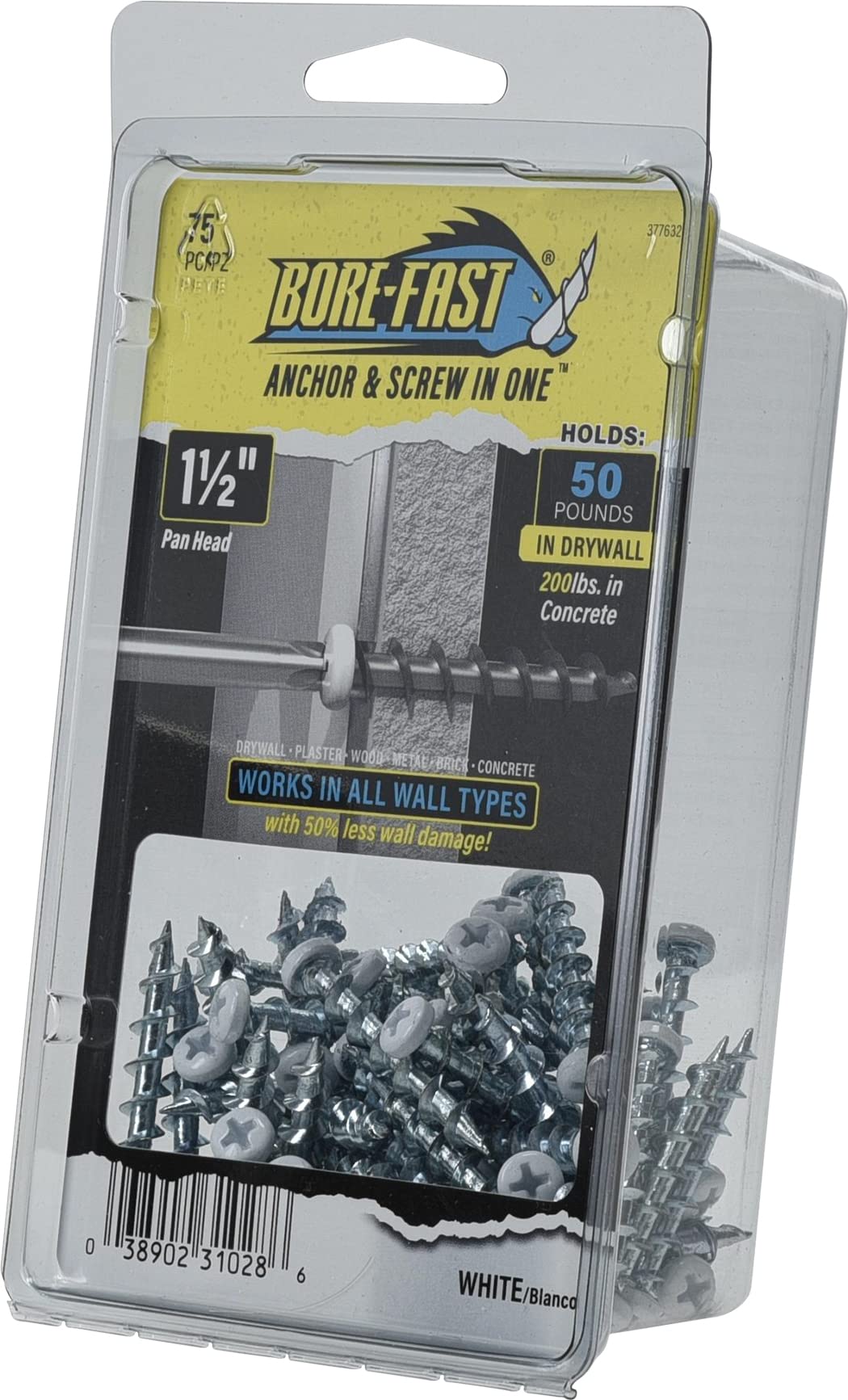 Hillman Borefast Drywall Anchors, 1-1/2in Pan Head, 75 Pack, White