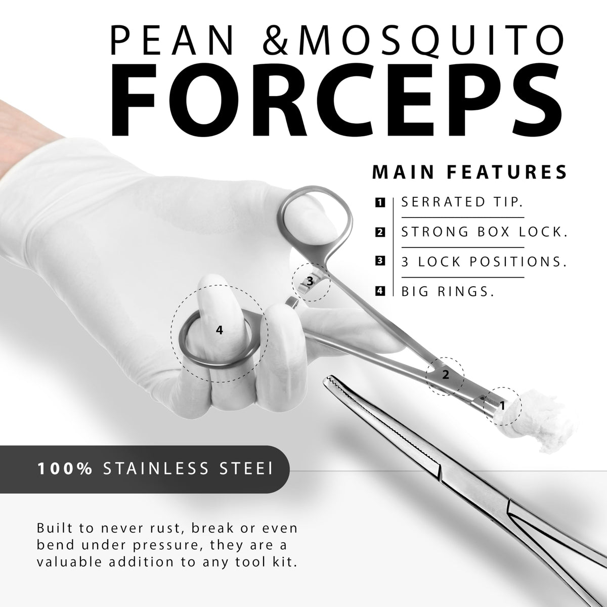 Hemostats ROCHESTER PEAN Forceps Locking Pliers Clamps Tongs Full Serrated Stainless Steel set (Curved 5,6.25,7.25, 8,10,12 Inches 6 pcs Set)