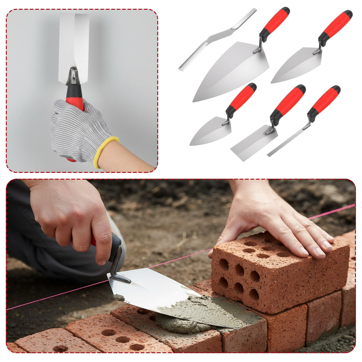 6 Pcs Masonry Hand Tool Set - 11" x 5-1/2" Philadelphia Brick Trowel, 2 Pcs Pointing Trowel, 5" x 2" Margin Trowel, 1/2" Tuck Pointing Trowel, 5/8” x 1/2” Convex Brick Jointer