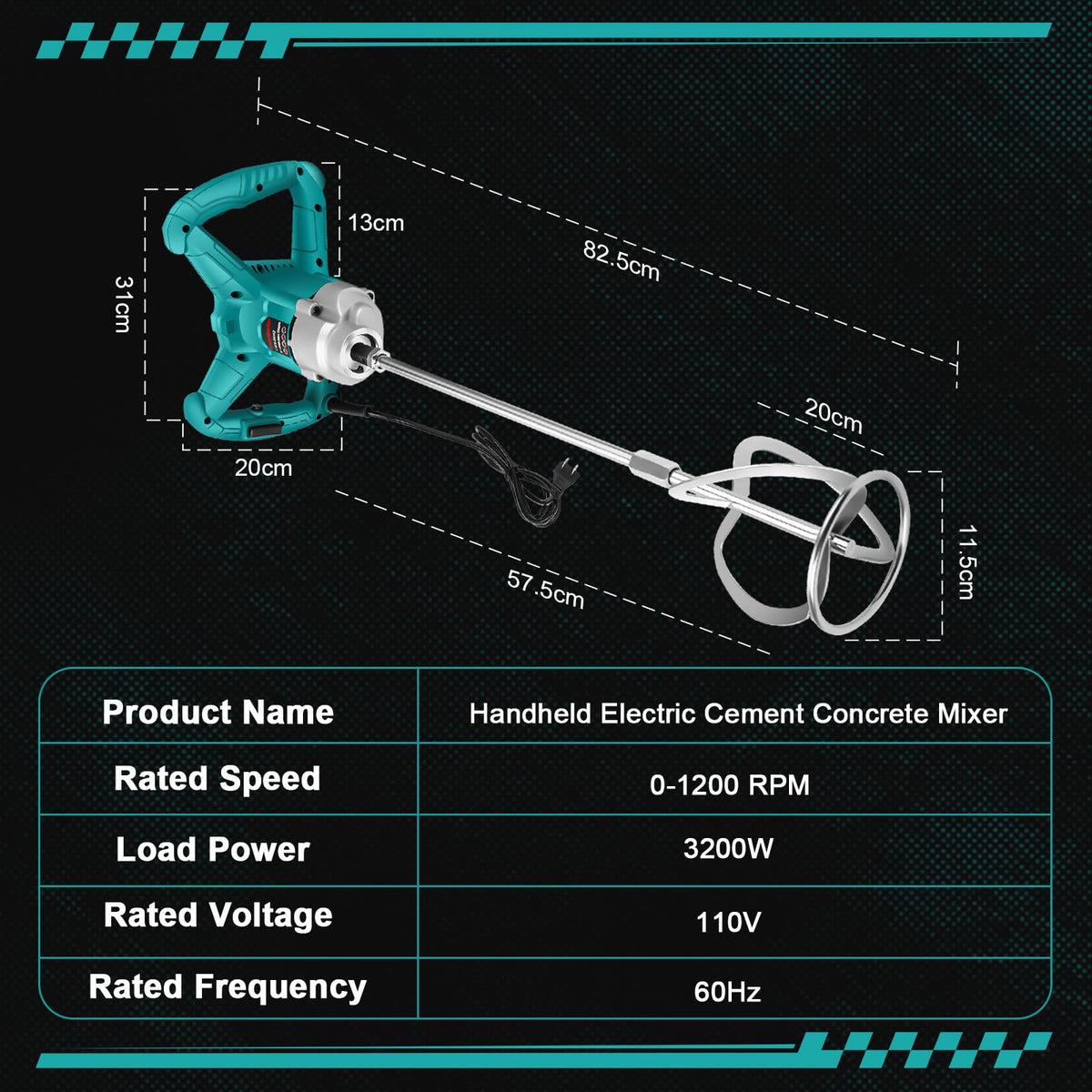 3200W Handheld Electric Cement Mixer with Two Different Mixing Paddles