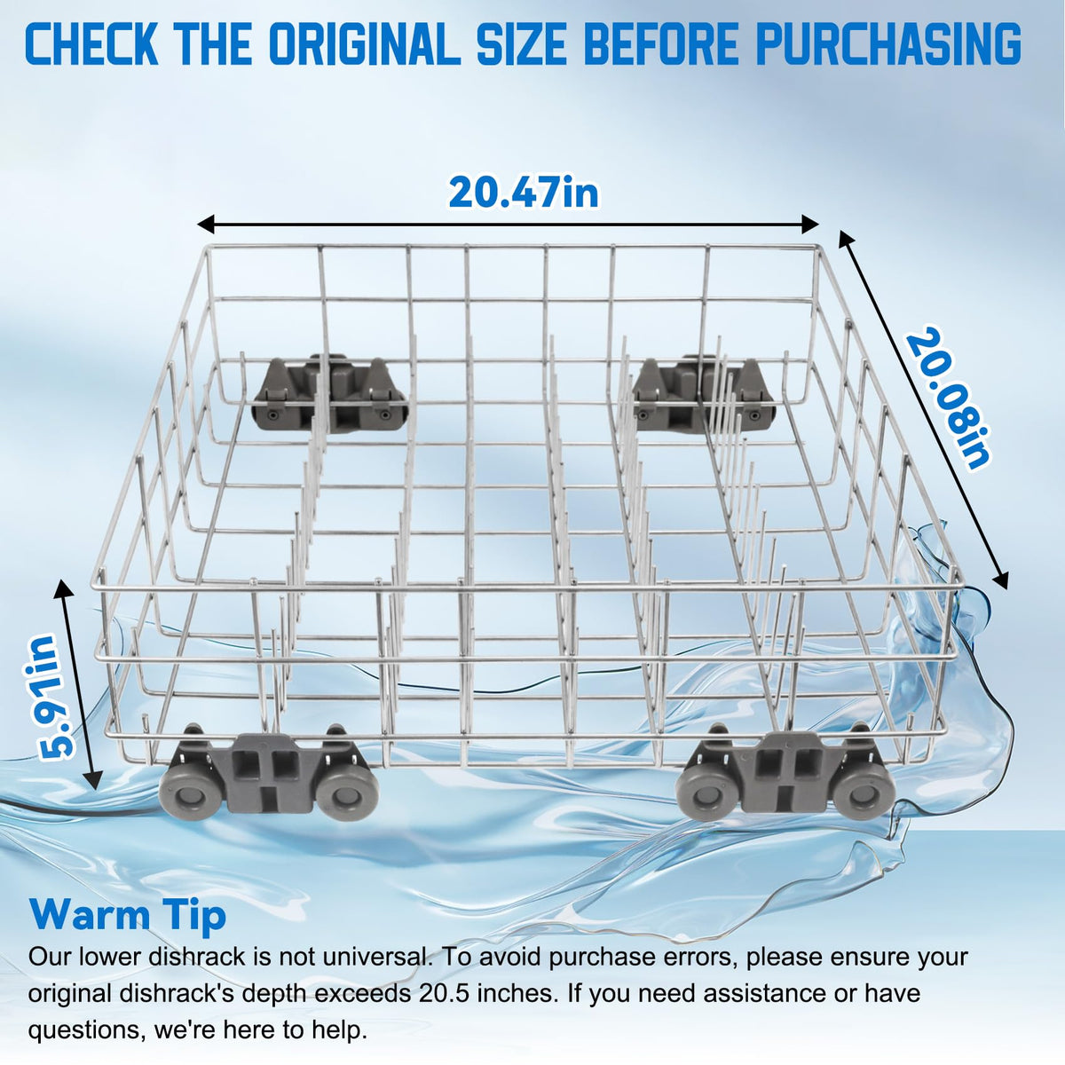 Upgraded W10311986 W10380384 Dishwasher Rack, W11158802 Dishwasher Lower Dishrack with 4 Lower level rack wheels, replacement for Whirlpool Dishwasher, 20.5" x 20.5" x 5.9" Material Upgrade