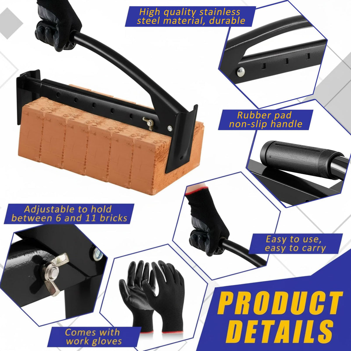 Lanties Adjustable Heavy Duty Brick Tongs Set Between Carry 6 to 10 Bricks Heavy Duty Block Tongs with Rubber Pad Handle and Gloves for Bricks Lifting Carrying