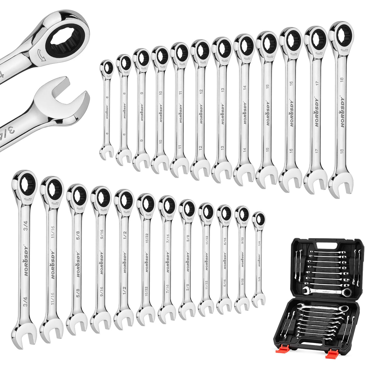 HORUSDY 24-Piece Ratcheting Wrench Set, Metric and SAE, Ratchet Combination Wrenches Set with Organizer, 72-Tooth, Chrome Vanadium Steel, 6-18 mm & 1/4” to 3/4“ (24-Piece)