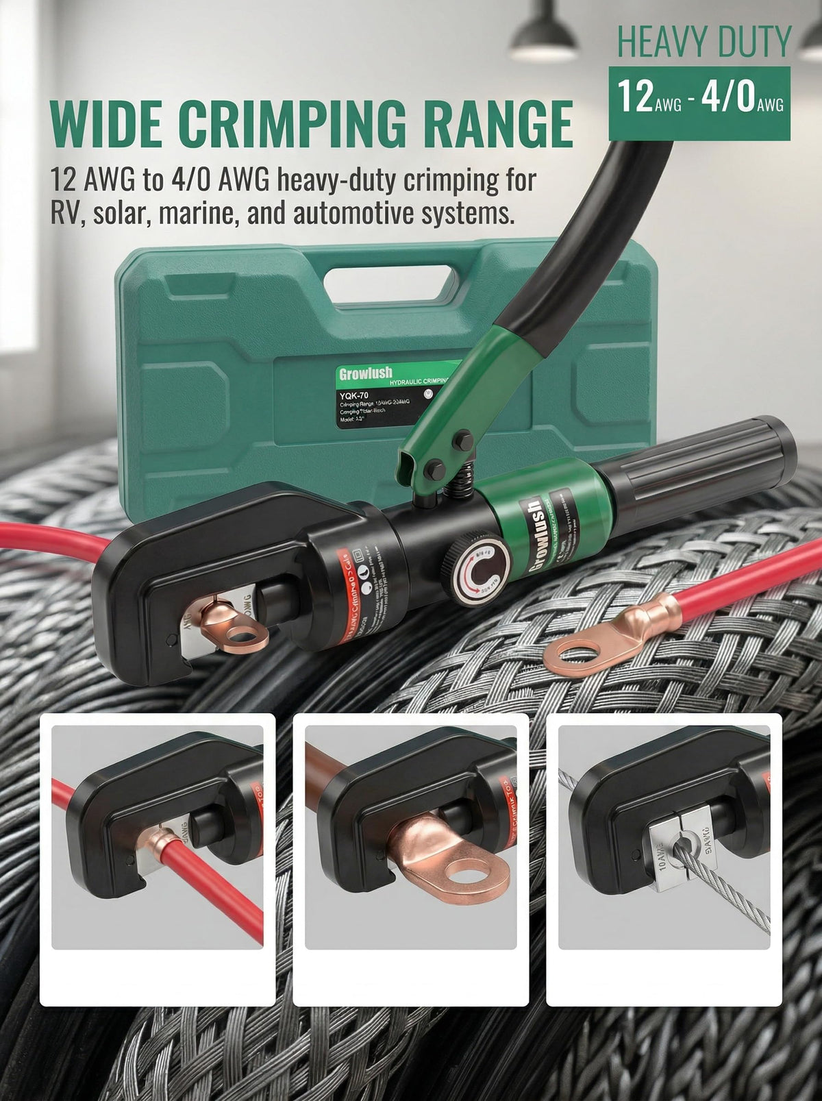 Growlush Hydraulic Cable Crimping Tool, Battery Cable Terminal Crimper 12 AWG–4/0 AWG, US Standard AWG Dies, 10-Ton Hydraulic Copper Cable Lugs Crimper for US Standard Cable 12 ga-4/0 ga
