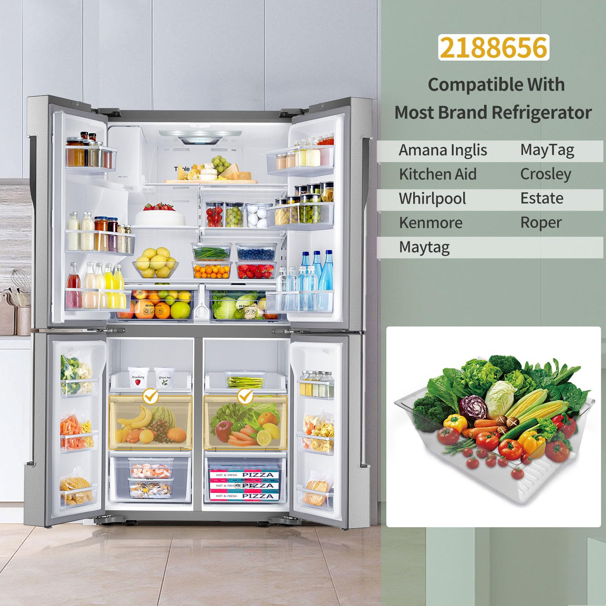 2188656 Crisper Bin, compatible with Whirlpool Refrigerator,Fridge Drawers,Kenmore Refrigerator Parts,Whirlpool Shelf Replacement- WP2188656,2188656 Fridge Crisper Drawer (Upper)