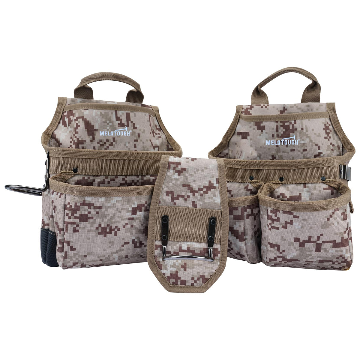 MELOTOUGH Camo Tool Belt with Suspenders Camouflage Tool Pouch Supenders Framers Combo Apron Tool Belt Construction Tool Bag Suspenders Heavy Duty Carpenter Suspension Rig for Electrician(Kahki Camo)