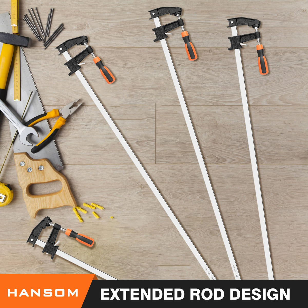 HANSOM 4-Pack 36 inch Bar Clamps,Long Wood Clamps Heavy Duty Force 600 Lbs Adjustable and Release Quickly,Woodworking Clamps Throat Depth 2.5 inch with Plastic Handle