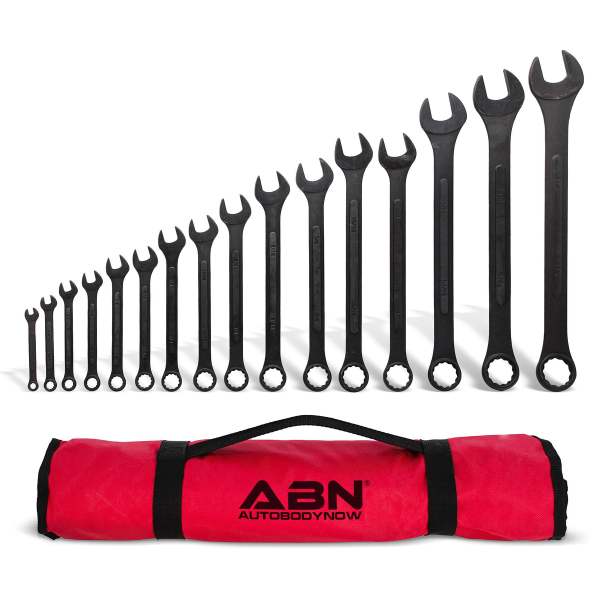 ABN SAE Combination Wrench Set, 16 Piece Standard Wrenches 1/4 to 1-1/4 Inch with Roll Up Pouch, Large Open and Box End Mechanic Tool Set