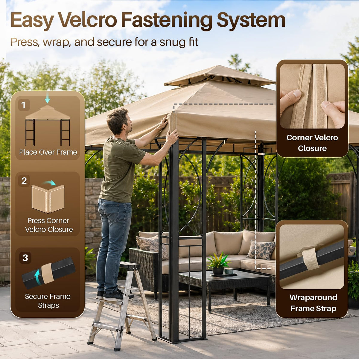 Flexzion Gazebo Cover Replacement Canopy Top 10x10 Ft (3m x 3m) - Double Tier Top Canopy Cover Replacement with UV30+, Dirt, Water Resistant for Outdoor, Sunshade, Garden, Patio, Pavilion (Beige)