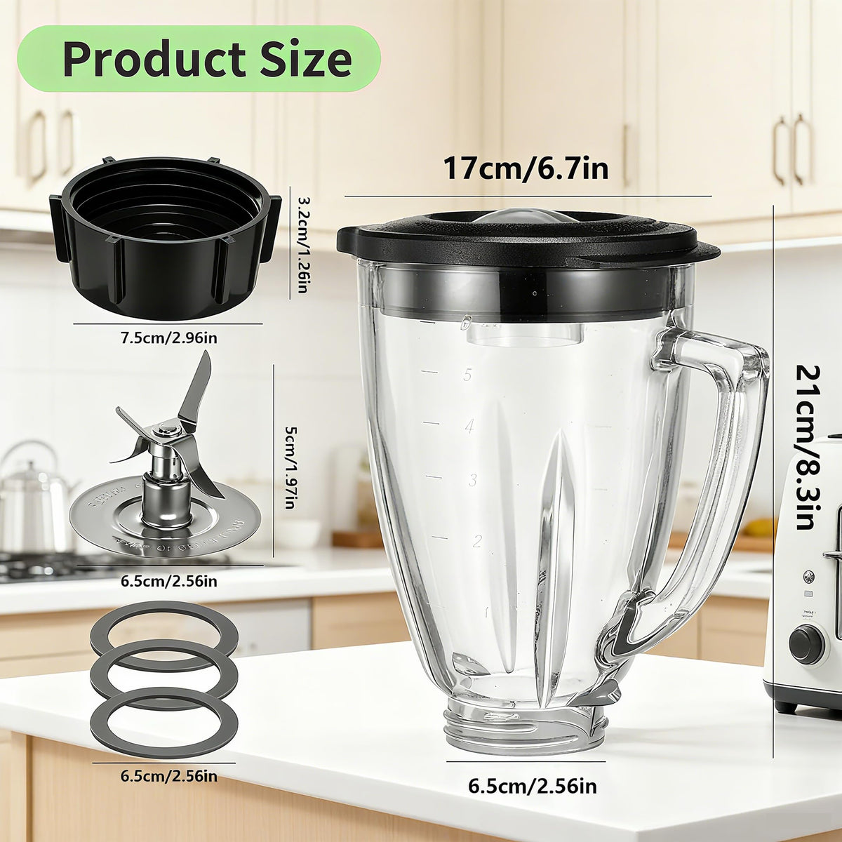 6 Cup Blender Glass Jar with Blade，Including 1 glass jar with lid 1 4fins blade 1 blender jar base 3pcs seal gasket. Replacement Parts for Oster Osterizer (NOT fit Pro, Master or Versa models)