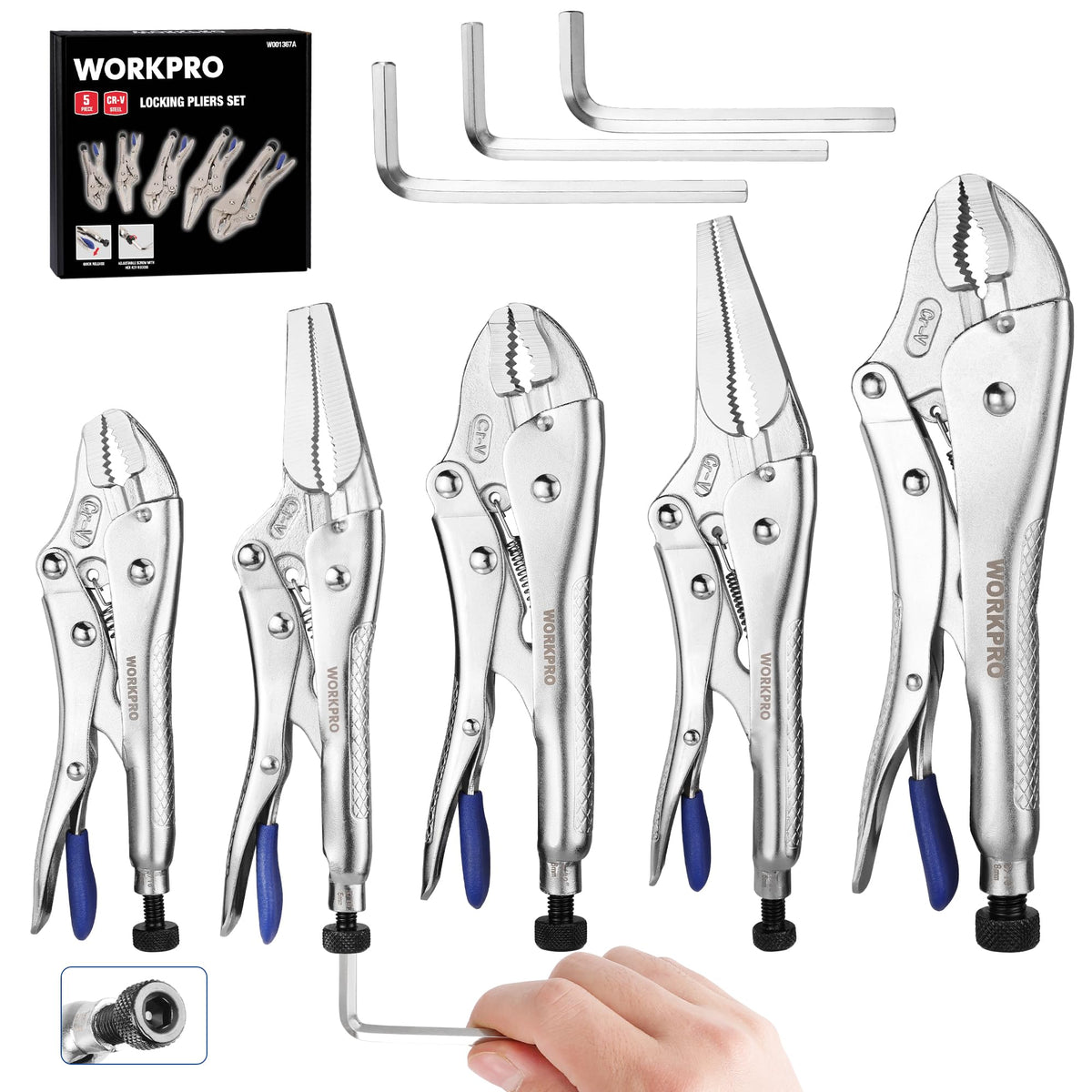 WORKPRO 5PCS Locking Pliers with Hex Key, Long Nose Curved Jaws Vice Grips