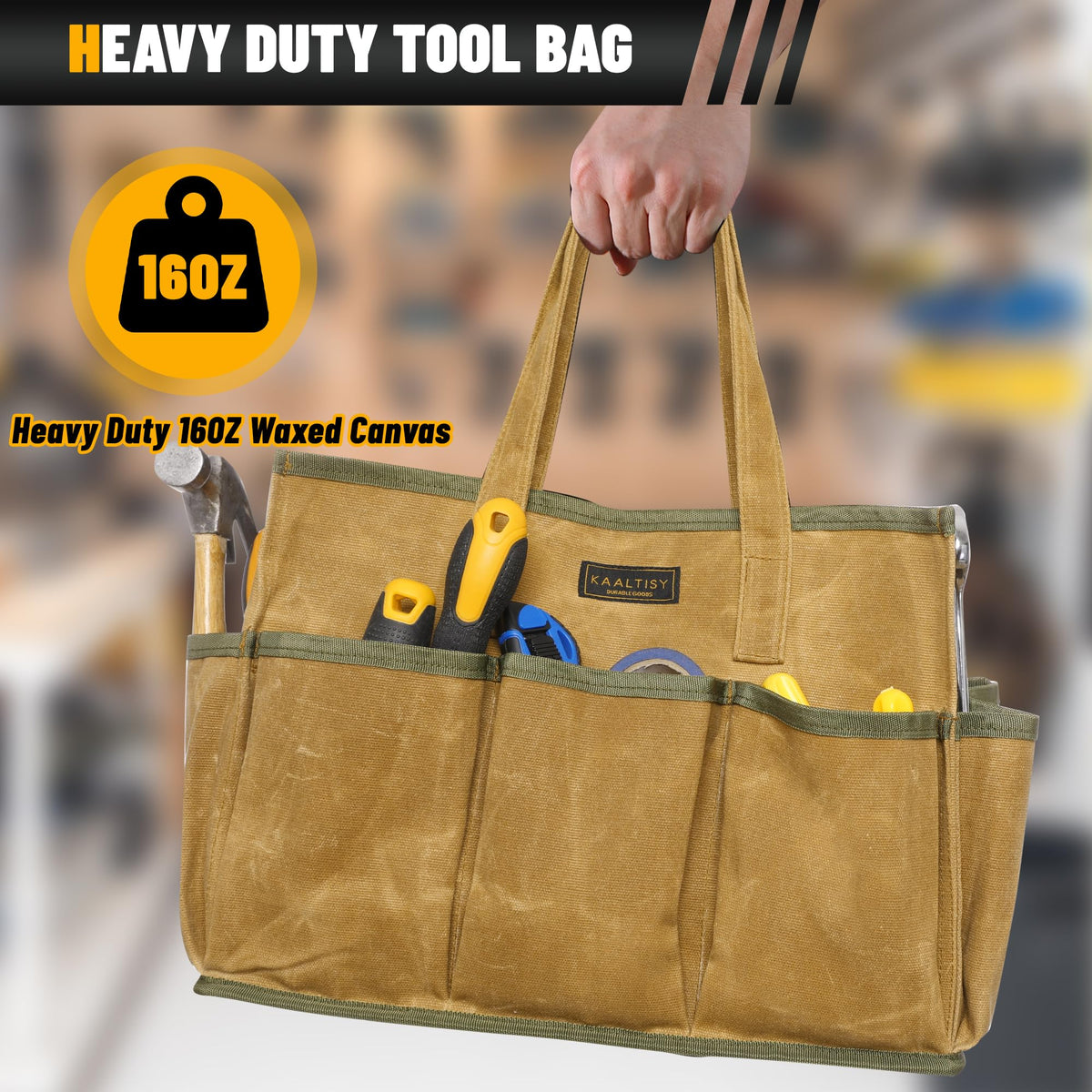 16OZ Waxed Canvas Tool Tote Bag, Large-Capacity Tool Storage Tote with 10 External Pockets, Multi-Purpose Garden Tool Carrier for Gardening, Wrench, and Carpentry Tools – Khaki