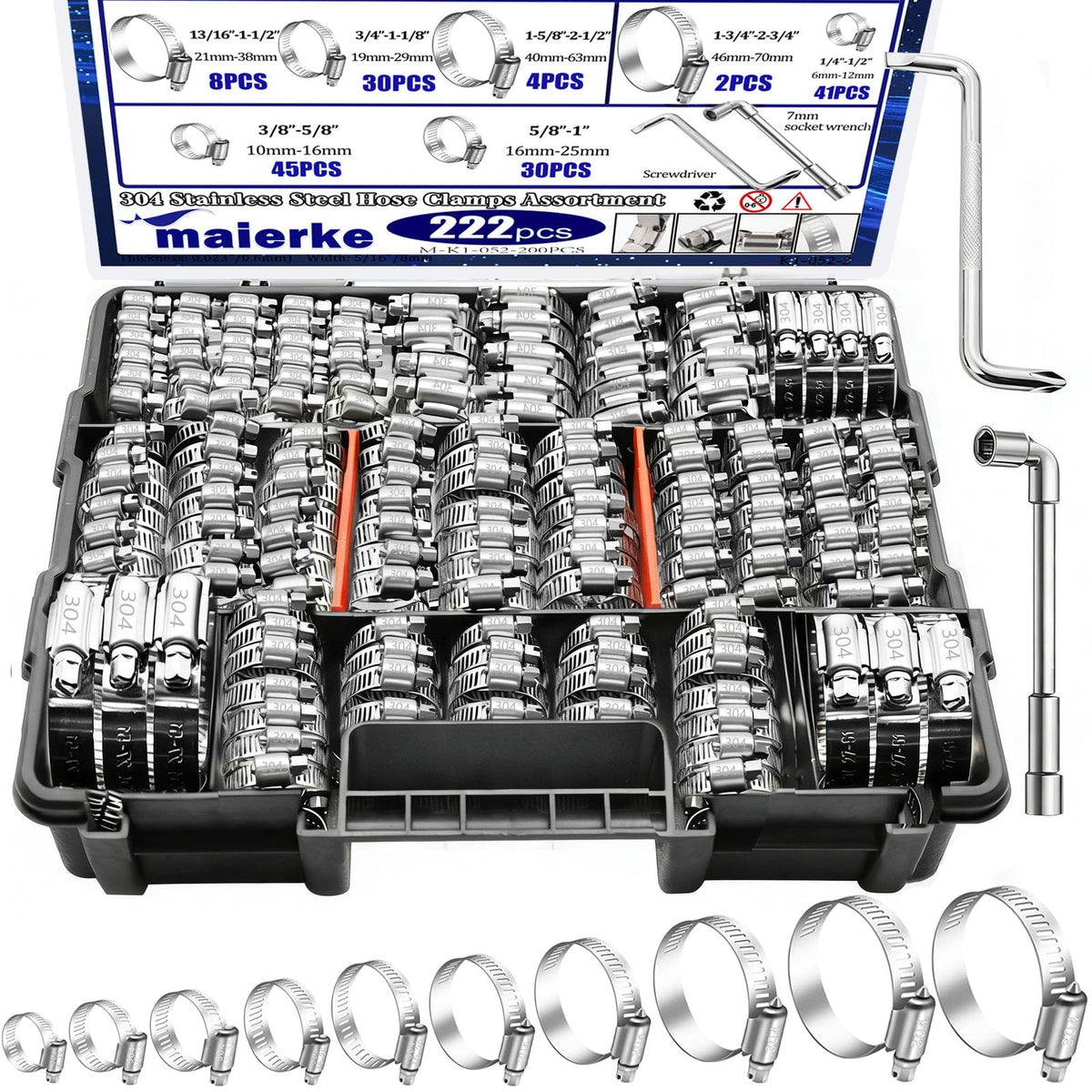 maierke 222PCS 304 Stainless Steel Hose Clamps Assortment Kit,Metal Adjustable 1/4"-2-3/4"(6-70mm) Worm Gear Hose Clamp Small Hose Clamps for Automotive,Radiator Pipe,Plumbing,Fuel Line