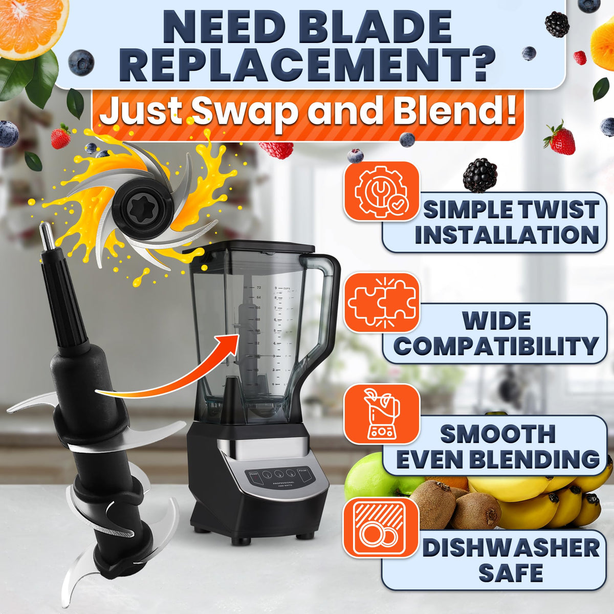 Blender Blade Replacement for 72 Oz Pitcher, Stainless Steel