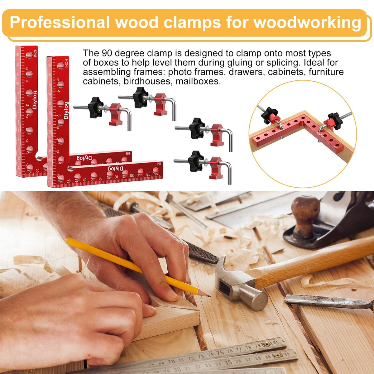 DIYLOG Corner Clamp for Woodworking, 90 Degree Corner Clamp, 4 Pack 5.5"x 5.5" Aluminum Alloy Right Angle Woodworking Tools, Positioning Squares for Picture Frame, Box, Cabinets, Drawers